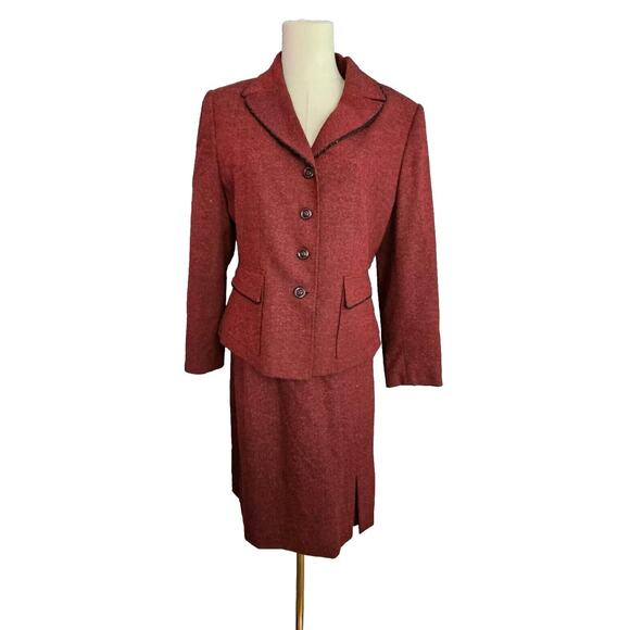 KASPER Petite Tweed Maroon Red 2 Pcs Skirt Jacket Suit Set Career Church Sz 10P
